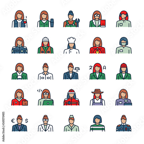 Vector color linear icon set of workers women objects