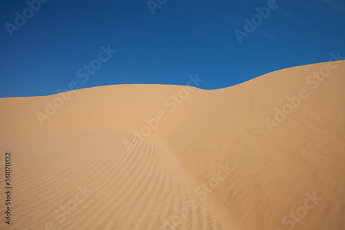 Isolated Sand dune in the desert. View on the sandy slope from the top of the sand dune. Sand texture. Sand pattern full frame photography. Sand dune surface in sunny day. Sand ripples close-up. 