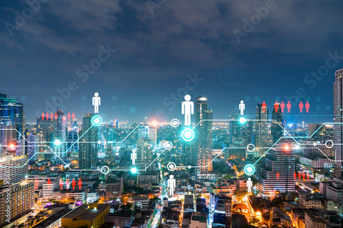 Wallpaper Mural Glowing Social media icons on night panoramic city view of Bangkok, Asia. The concept of networking and establishing new connections between people and businesses. Double exposure. Torontodigital.ca