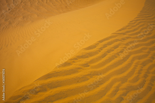 Isolated Sand dune in the desert. View on the sandy slope from the top of the sand dune. Sand texture. Sand pattern full frame photography. Sand dune surface in sunny day. Sand ripples close-up. 