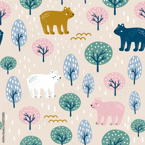 Seamless woodland pattern with cute bear and hand drawn elements.