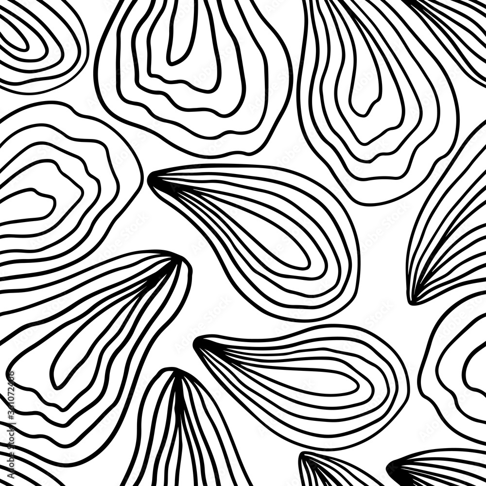 Minimalistic seamless pattern of oysters. Vector hand drawn black and ...