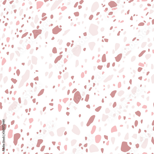 Minimalistic seamless Terrazzo pattern. Vector hand drawn illustration of cut stone in pastel pink colors. A simple background ideal for printing, textile, fabric, wallpaper, packaging, etc.