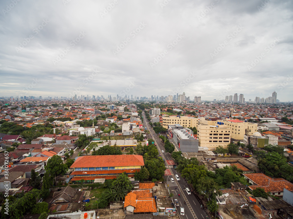 Panorama of the city of Jakarta, the capital of Indonesia, in cloudy weather.