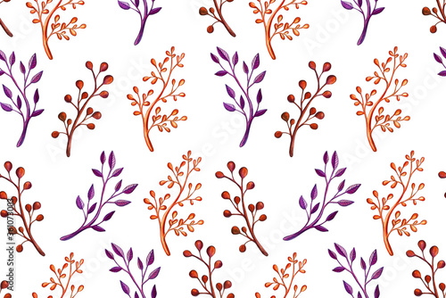 Hand drawn marker illustration of plant branch. Seamless pattern with floral design element. Spring and summer symbol