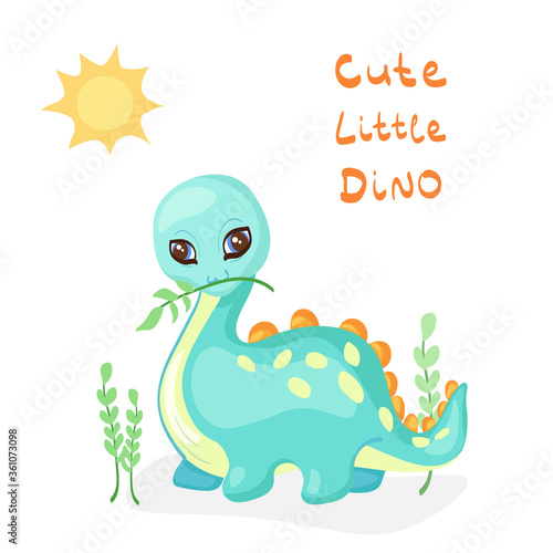 Cute little Dino vector illustration isolated on white background. Cartoon style hand drawn dinosaur with lettering for kids space  historic event  Dino party invitation  birthday party decoration.