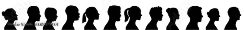 Silhouette heads.Set of profile face of different people. Man and woman heads in profile symbol.Set man and woman head icon silhouette.Anonymous faces portraits, black outline photo vector design