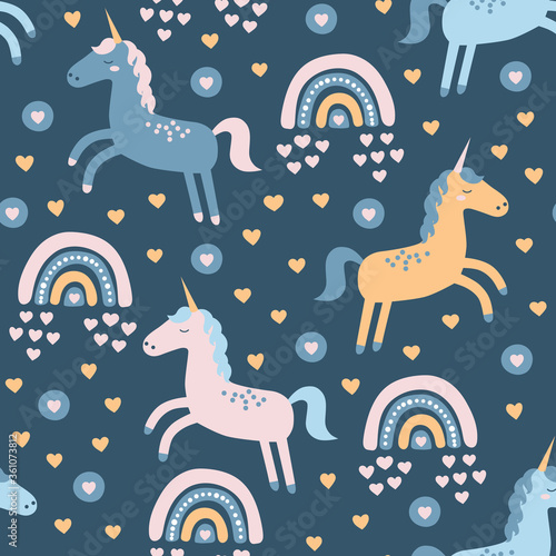 Childish seamless pattern with cute unicorn and rainbow.