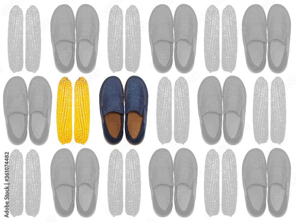 Seamless pattern. Pare blue slip-on casual male shoes with brown welt and beige sole on white background. Isolated on white. Use for print, t-shirts, textile, printing on brown paper, advertising Seamless pattern. Pare blue slip-on casual male shoes with brown welt and beige sole on white background. Isolated on white. Use for print, t-shirts, textile, printing on brown paper, advertising