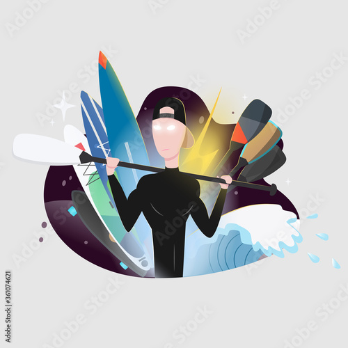 vector illustration of a man in a wetsuit with a paddle on the background of inflatable boards. paddleboards vector
