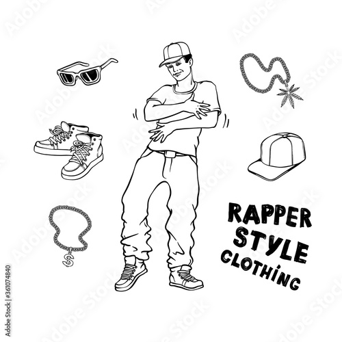 Hip-hop or rap style set with young man and stylish clothes and accessories.