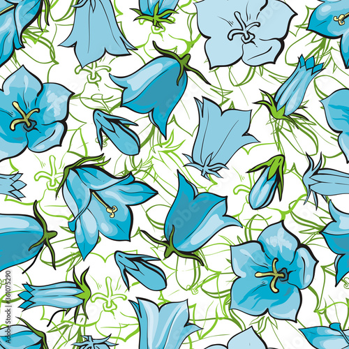 Vector flat bell flower seamless pattern backdrop