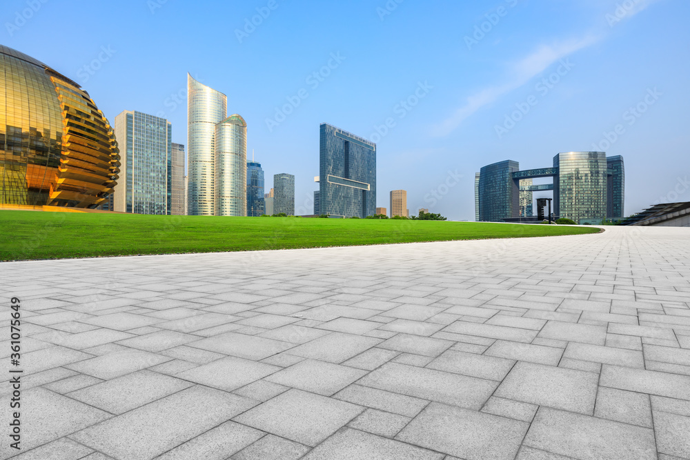 Empty floor and city skyline with buildings in Hangzhou,China.