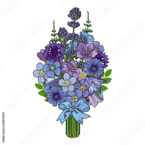 Vector illustration of bouquet of blue wild flowers with green leaves in sketch style.