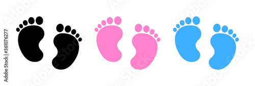 Baby footsteps , baby footprint . Icons footsteps . Footprints black pink and blue . Footprints isolated on white background . Vector illustration