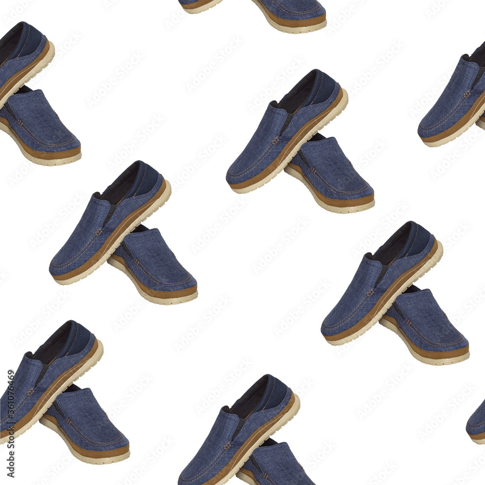Seamless pattern. Pare blue slip-on casual male shoes with brown welt and beige sole on white background. Isolated on white. Use for print, t-shirts, textile, printing on brown paper, advertising Seamless pattern. Pare blue slip-on casual male shoes with brown welt and beige sole on white background. Isolated on white. Use for print, t-shirts, textile, printing on brown paper, advertising