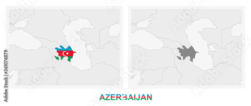 Two versions of the map of Azerbaijan, with the flag of Azerbaijan and highlighted in dark grey.