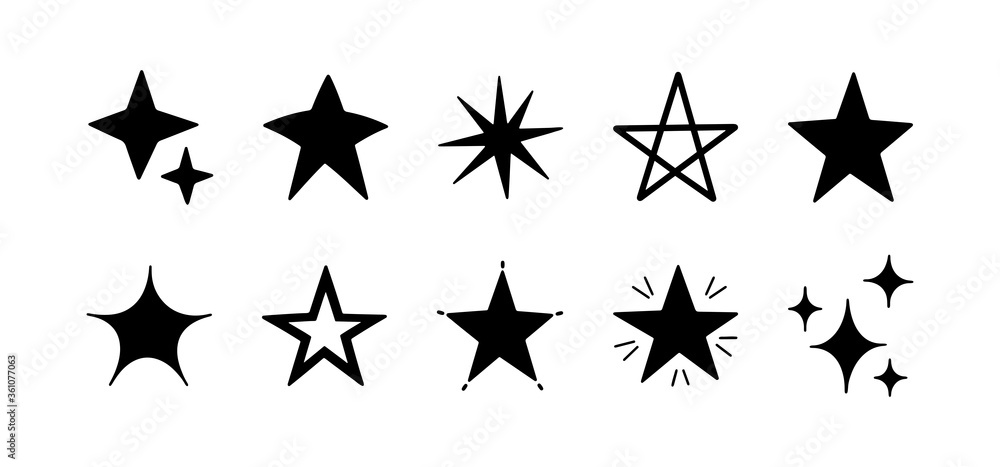 Set with hand drawn vector stars. Sparkles icon set. Stars, decoration elements for party and celebration. Vector illustration. Cute outline black stars isolated on white background Set with hand drawn vector stars. Sparkles icon set. Stars, decoration elements for party and celebration. Vector illustration. Cute outline black stars isolated on white background