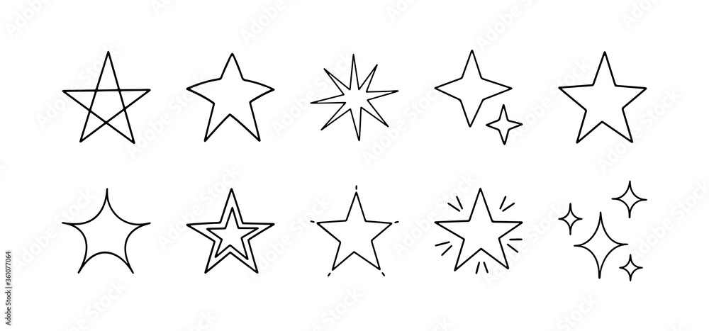 Set with hand drawn vector stars. Sparkles icon set. Stars, decoration elements for party and celebration. Vector illustration. Cute outline black stars isolated on white background Set with hand drawn vector stars. Sparkles icon set. Stars, decoration elements for party and celebration. Vector illustration. Cute outline black stars isolated on white background