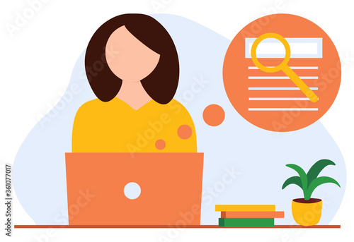 Freelancer young woman sitting and working with a laptop. Illustration for freelance, online education, healthy lifestyle. Search on the Internet. Flat vector illustration isolated on white background