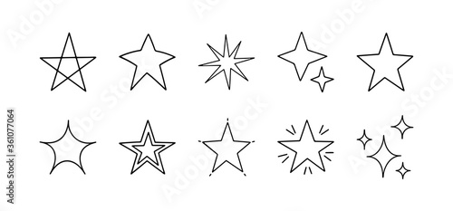 Set with hand drawn vector stars. Sparkles icon set. Stars  decoration elements for party and celebration. Vector illustration. Cute outline black stars isolated on white background