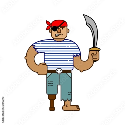 Evil Saber Pirate, Cartoon Character. Halloween For Printing On Fabric, T-shirt, Print For Textile, Banner, Poster. Flat Vector Illustration Isolated On White Background.