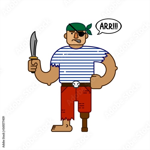 Pirate With A Dagger, Cartoon Character. Evil Pirate Says Arr, Cloud Talk, Bubble Speech. Halloween For Printing On Fabric, T-shirt, Print For Textile, Banner, Poster. Flat Vector Illustration.