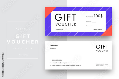 Abstract gift voucher card template. Modern discount coupon or certificate layout with geometric shape pattern. Vector fashion bright background design with information sample text.