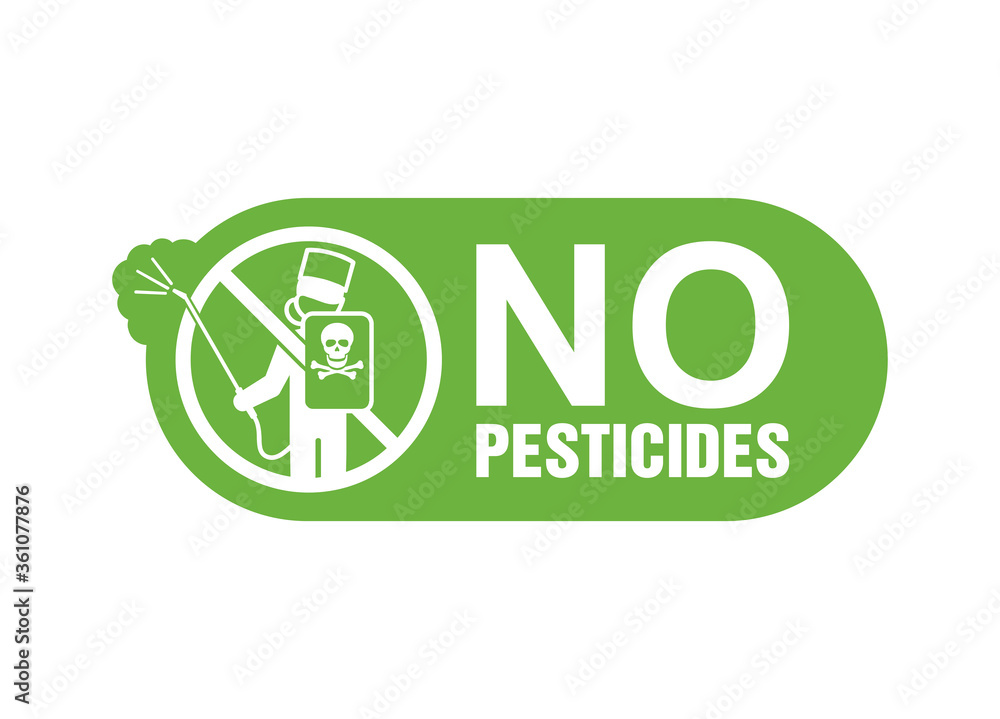 No Pesticides sticker rounded sign with crossed out man with sprayer