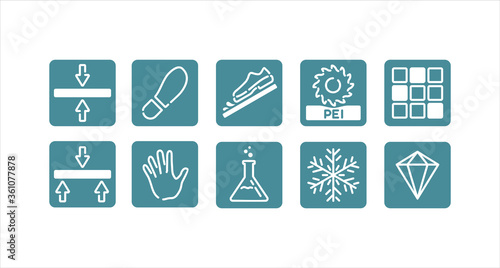 Ceramic tiles specification - characteristics icons - pictorgams set with wall and floor tiles, thickness, hardness, resistance, absorption icons for tile packaging