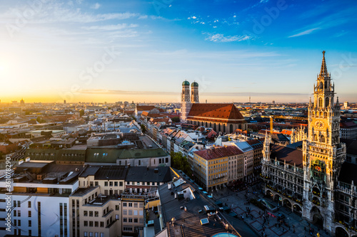 Aerial view of Munich - Marienplatz  Neues Rathaus and Frauenkirche from St. Peter s church on sunset. Munich  Germany