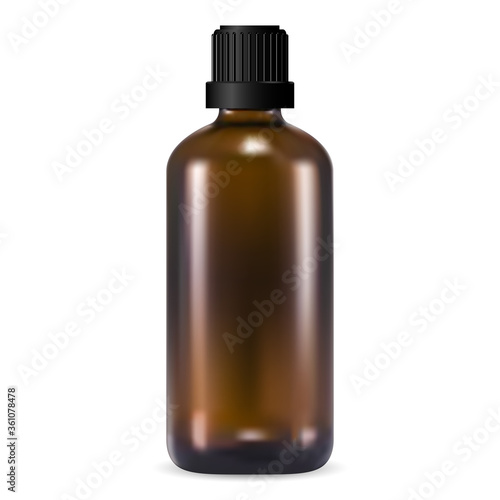 Brown essential oil bottle. Amber medical vial with black screw lid. Realistic E juice packaging blank. 3d design of Liquid medicament syrup jar. Vector illustration