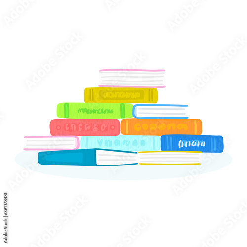 Pile of colorful books or textbooks. Reading. Design for library, bookstore, publishing house, university, college. Advertising banner, landing page, mailing, poster. Vector illustration, eps10