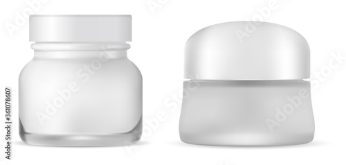 Cream jar. White glass cosmetic container pack vector blank. Isolated face care lotion package set. Realistic vector bottle for body scrub. Clean medical template