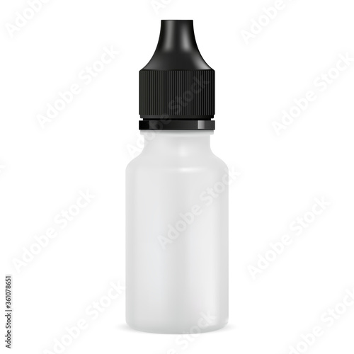 Glass e juice bottle. Dropper jar mockup. Vapor liquid container with plastic eyedropper. Pharmacy decongestant tube. Small nasal spray dispenser