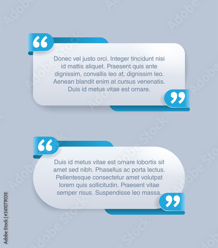 Quotes template set in 2 variations - decorative frame block with creative quotation marks and place with sample text (message box) - vector typographic block or website element