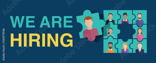 Wea are hiring (Join our team) concept. People avatars (profile image) - in puzzle form with empty puzzle element inside - motivation of formation of a working team - recruitment hiring banner