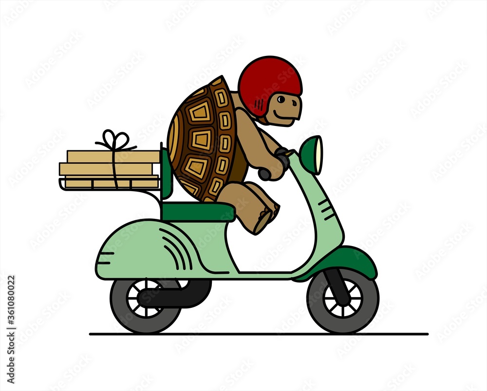 turtle is riding a scooter; slow delivery; cute turtle in a helmet carries boxes on a moped; cardboard boxes; symbol of slowness; modern flat vector illustration isolated on white background. turtle is riding a scooter; slow delivery; cute turtle in a helmet carries boxes on a moped; cardboard boxes; symbol of slowness; modern flat vector illustration isolated on white background.
