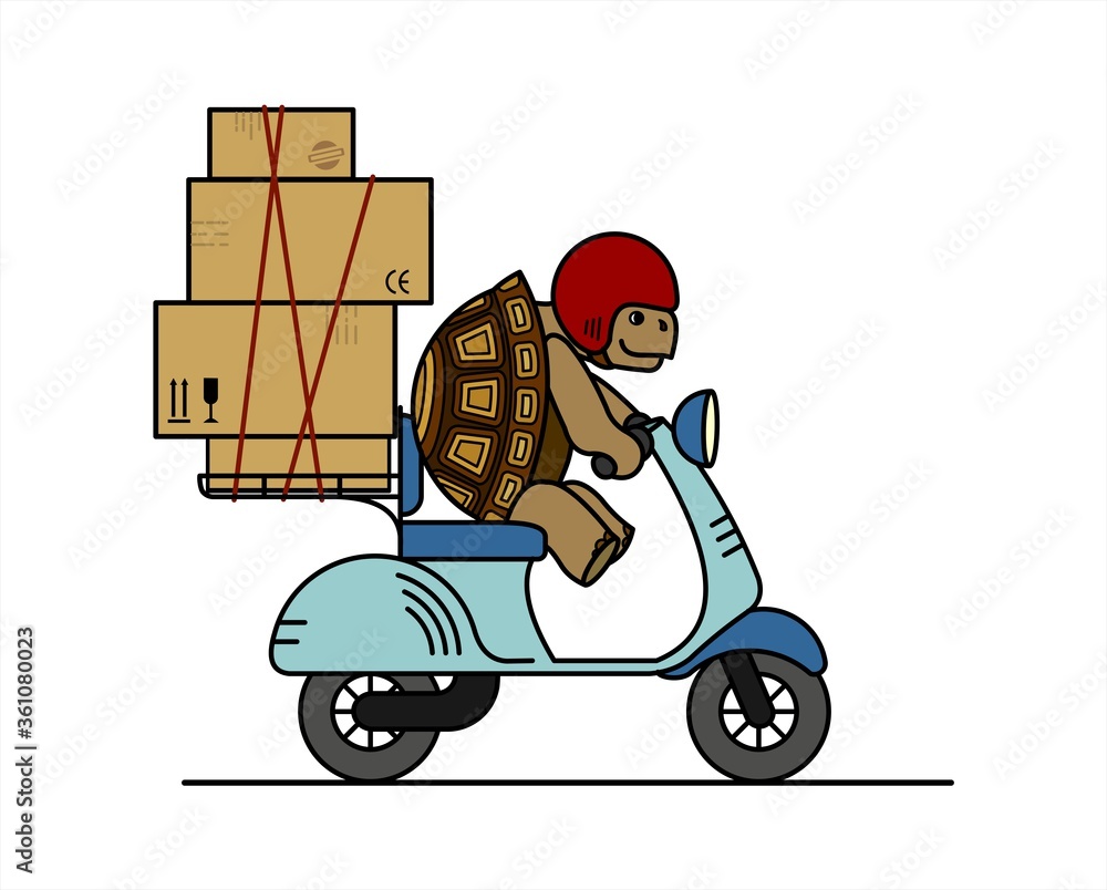 turtle is riding a scooter. Slow delivery. A cute turtle in a helmet carries boxes on a moped. Signs on cardboard boxes. Symbol of slowness. Modern flat  illustration isolated on white background.