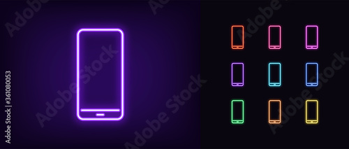 Neon phone icon. Glowing neon cellphone sign, set of isolated smartphone