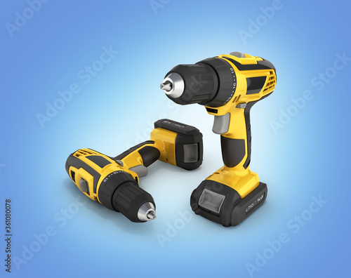 Cordless screwdriver with a drill isolated on blue gradient background 3d