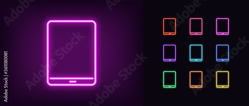 Neon tablet icon. Glowing neon tablet sign, set of isolated device