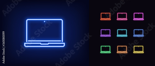Neon laptop icon. Glowing neon notebook sign, set of isolated portable computer