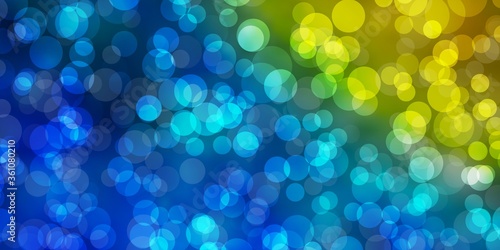 Light Blue, Yellow vector texture with disks. Abstract decorative design in gradient style with bubbles. New template for a brand book.