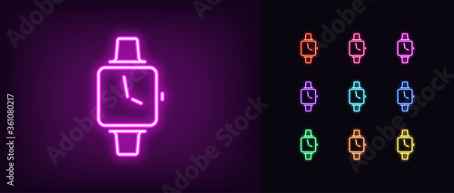 Neon smart watch icon. Glowing neon smartwatch sign, set of isolated wristwatch