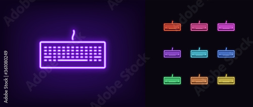 Neon keyboard icon. Glowing neon keyboard sign, set of isolated gaming device