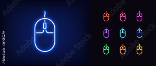 Neon computer mouse icon. Glowing neon mouse sign, set of isolated gaming mouse device