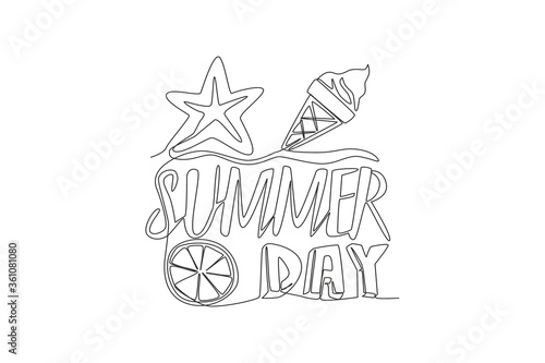 One single line drawing of cute and cool travel holiday typography quote - Summer Day. Calligraphic design for print, card, banner, poster. Continuous line graphic draw design vector illustration