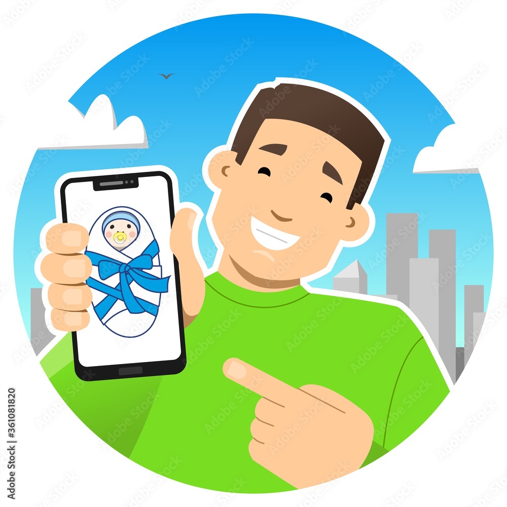 Smiling guy with a phone. Shows the phone screen, points to it with a finger. Newborn on the screen. He became a father, a son was born, a nephew. Round icon.