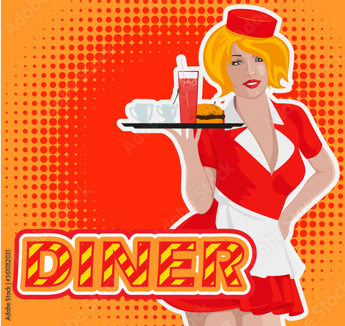 Waitress with plate on roller skates. Red dress. Diner waitress. Vector image